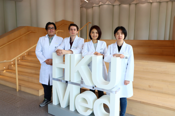 A research team from HKUMed uncovers an unexpected T cell exhaustion factor driving cancer immunotherapy resistance. The research team members include: (from left) Teo Jia Ming Nickolas, Victor Gray, Dr. Heidi Ling Guang Sheng and Chen Weixin.
 